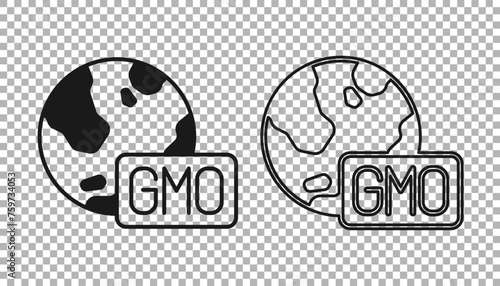 Black GMO icon isolated on transparent background. Genetically modified organism acronym. Dna food modification. Vector