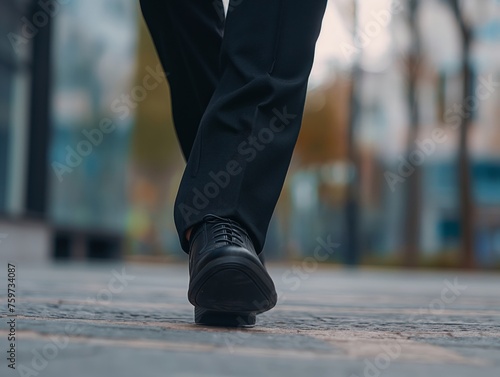 Close-up of a businessman's feet walking in the city.