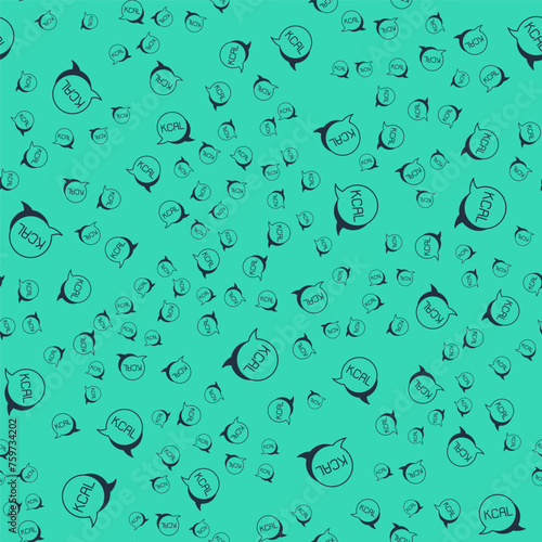 Black Kcal icon isolated on isolated seamless pattern on green background. Health food. Vector