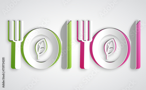 Paper cut Vegan food diet icon isolated on grey background. Organic, bio, eco symbol. Vegan, no meat, lactose free, healthy, fresh and nonviolent food. Paper art style. Vector