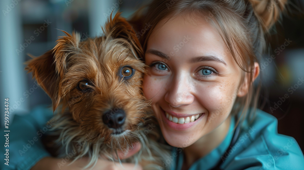 Woman Holding Small Dog in Arms. Generative AI Woman Holding Small Dog in Arms. Generative AI