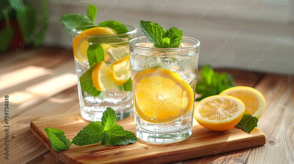 Lemonade with lemon slices, mint, ice and lime on a wooden board Lemonade with lemon slices, mint, ice and lime on a wooden board