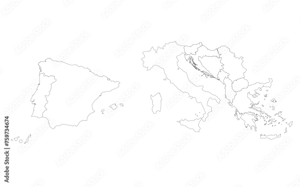 Obraz premium Southern Europe country Map. Map of Southern Europe in white color.