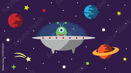 UFO with a Happy Alien in Space. Cosmos exploration and existence mystery concept vector