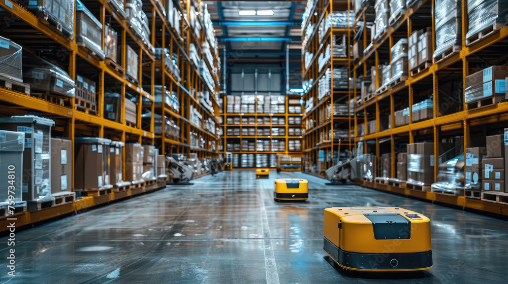 Fototapeta premium Autonomous Robots Navigating Modern Warehouse
