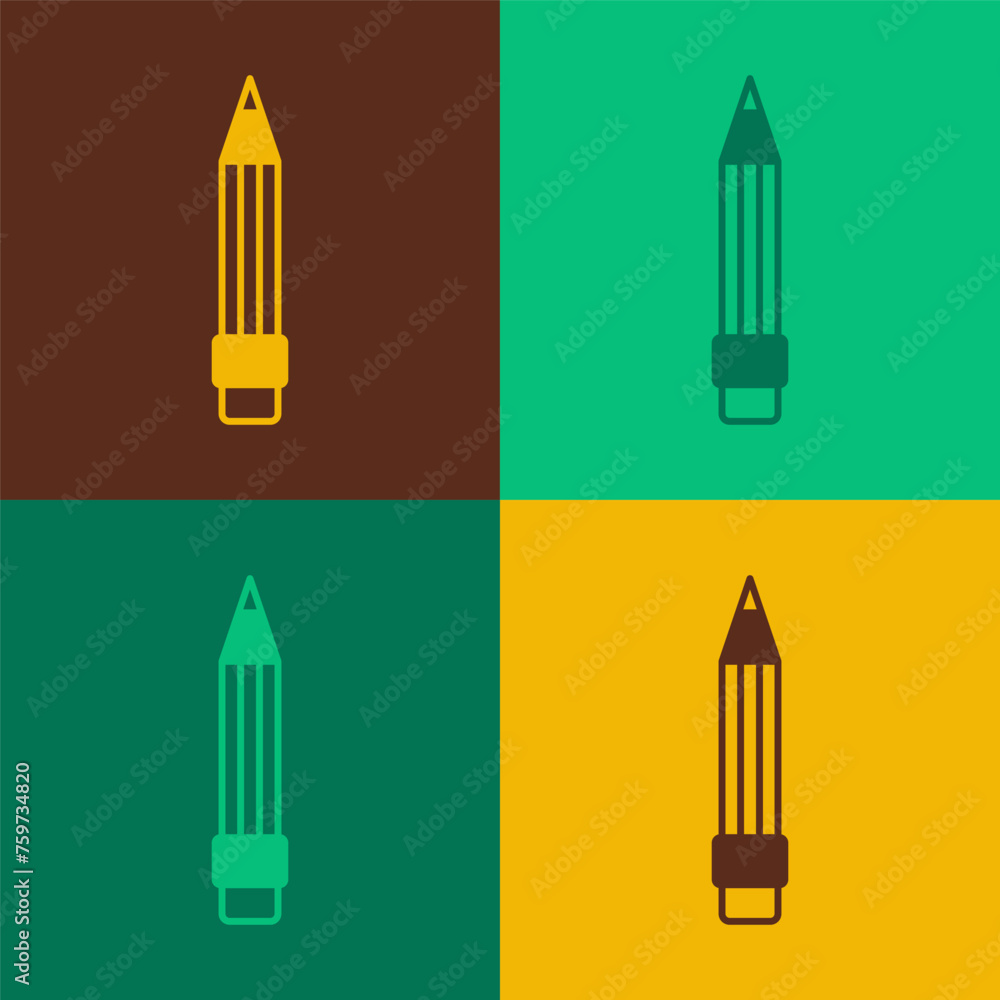 Pop art Pencil with eraser icon isolated on color background. Drawing and educational tools. School office symbol. Vector