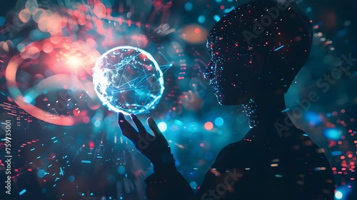 Embracing Knowledge and Technology: A Person's Hand Holding a Glowing Holographic Sphere with Digital Data Streams © Mickey