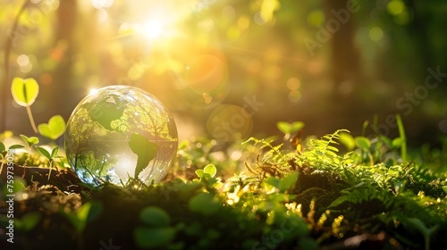Glass Globe in Forest Sunlight Symbolizing Sustainable Renewable Energy Solutions