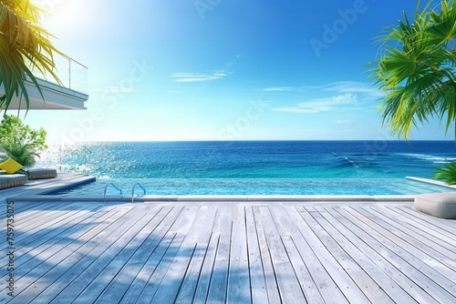 Relaxing summer, Sunbathing deck and private swimming pool with near beach and panoramic sea view at luxury house 3d rendering. generative ai. © SEUNGJIN