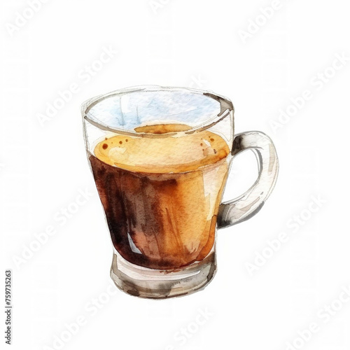 Watercolor illustration of a glass mug filled with coffee, ideal for coffee-related advertising, with ample white space for text on a white background