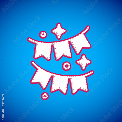 White Carnival garland with flags icon isolated on blue background. Party pennants for birthday celebration, festival and fair decoration. Vector