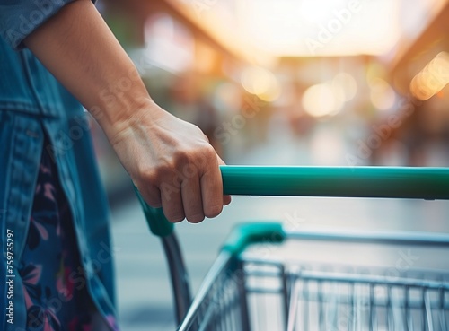 women hand push shopping cart ,supermarket , abstract blurred photo of store with trolley in department store blurred background, retail and shopping mall business.