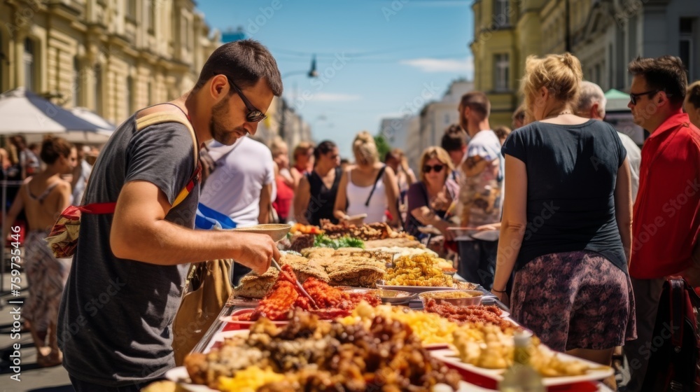A lively outdoor street food market with diverse food selections and bustling crowd in an urban cityscape