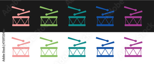 Set Drum with drum sticks icon isolated on black and white background. Music sign. Musical instrument symbol. Vector