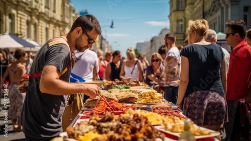 A lively outdoor street food market with diverse food selections and bustling crowd in an urban cityscape
