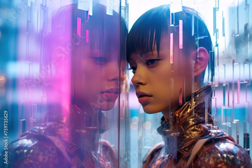 ultra-close-up portrait of a young model, halh-hidden behind the translucent partition of the street screen of a futuristic city