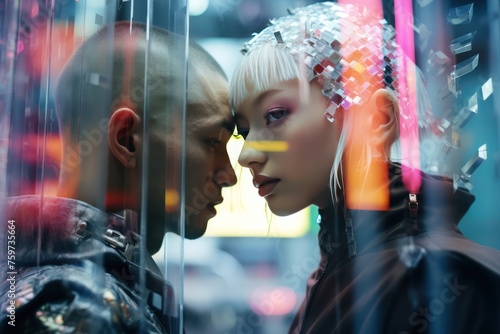 ultra-close-up couple portrait of a young models, halh-hidden behind the translucent partition of the street screen of a futuristic city