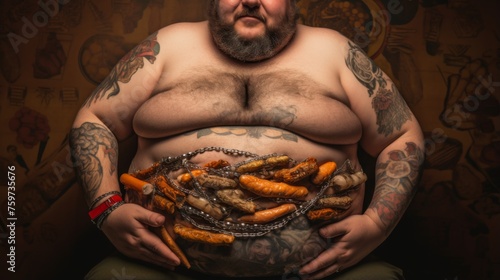 Inked man sitting with a chain of raw sausages on his belly, symbolizing excess and consumption