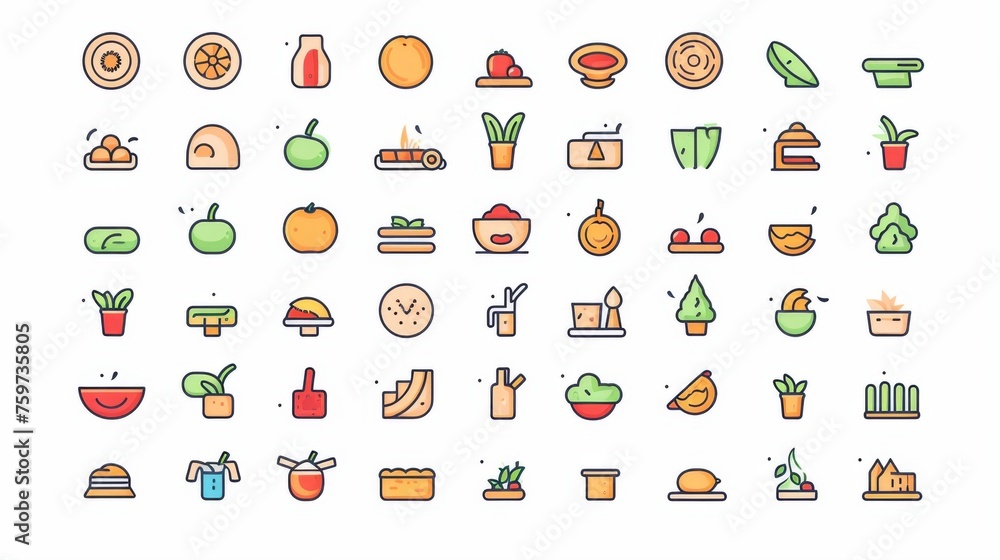 Fototapeta premium An array of colorful and playful food-related icons in a contemporary flat design aesthetic