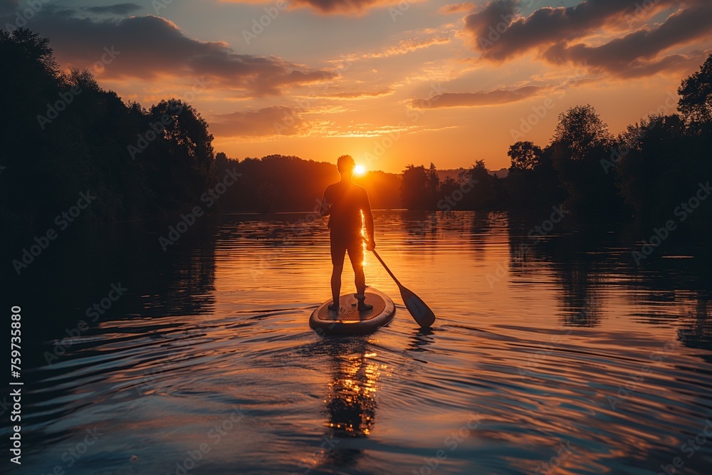 Silhouette of a paddleboarder on tranquil water against a vibrant sunset reflecting a path of light