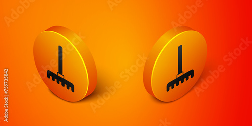Isometric Garden rake icon isolated on orange background. Tool for horticulture, agriculture, farming. Ground cultivator. Housekeeping equipment. Orange circle button. Vector