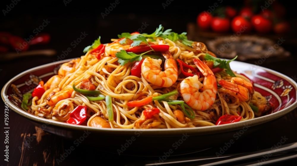 A vibrant stir-fry noodle dish with juicy shrimp and fresh vegetables served on a traditional plate A vibrant stir-fry noodle dish with juicy shrimp and fresh vegetables served on a traditional plate