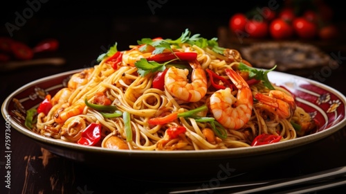 A vibrant stir-fry noodle dish with juicy shrimp and fresh vegetables served on a traditional plate
