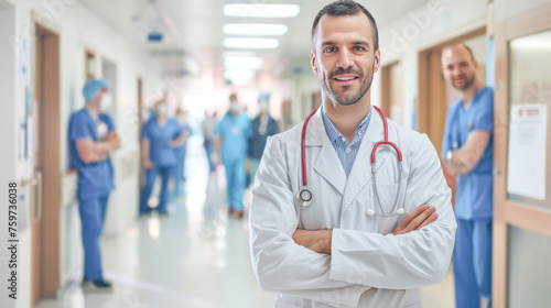 Smiling Male Doctor With Stethoscope Standing Arms Crossed in Hospital Corridor With Blurred Medical Team in Background