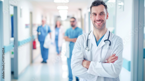 Smiling Male Doctor With Stethoscope Standing Arms Crossed in Hospital Corridor With Blurred Medical Team in Background