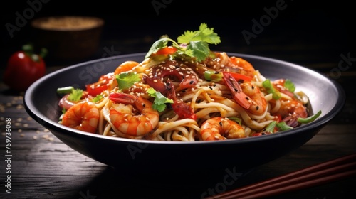 A spicy prawn noodle bowl sprinkled with sesame seeds and herbs, shot under warm lighting, ideal for restaurant menus
