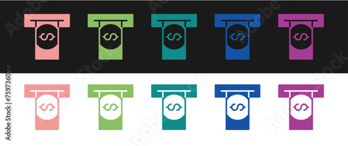 Set ATM - Automated teller machine and money icon isolated on black and white background. Vector