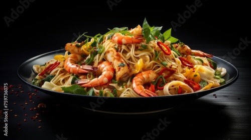 A delicious shrimp and noodle dish is garnished with red chili and herbs in a black ceramic bowl, perfect for culinary promotions