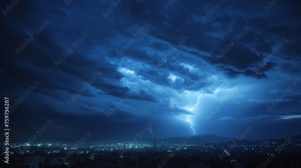 Mysterious dark clouds hover over a city brightened by lights, evoking a sense of impending danger before a night storm