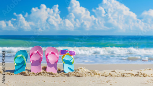 Colorful Flip-Flops and Sunglasses on Sandy Beach with Ocean Waves and Blue Sky in the Background