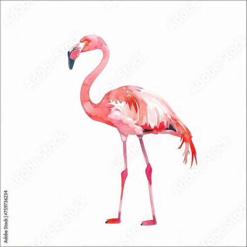 Elegant watercolor flamingo illustration isolated on white background, perfect for summer-themed designs with space for text