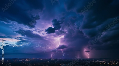 An intense thunderstorm sets over an urban skyline, with vivid lightning strikes illuminating the moody dark purple sky