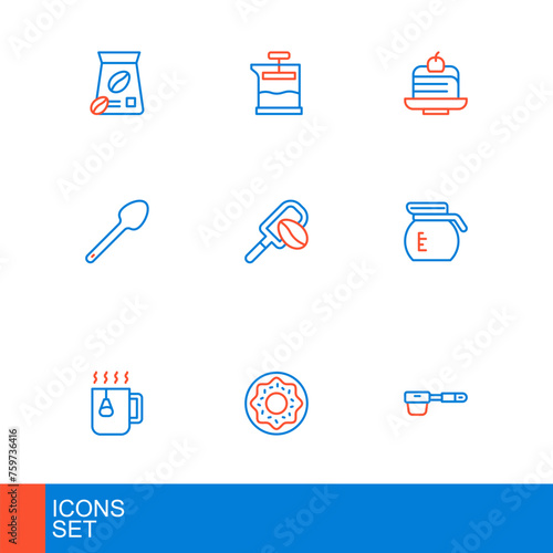 Set line Coffee filter holder, Donut, Cup tea with bag, pot, Teaspoon, Spatula coffee grain, Piece cake and French press icon. Vector