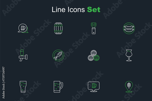 Set line Wheat, Wooden beer mug, Glass of, barrel, Dried fish and Beer tap icon. Vector