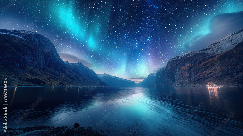 A fjord cruise under the starry Arctic sky, where the Northern Lights illuminate the horizon, adding a magical touch to the harsh beauty of the Norwegian coastal landscapes