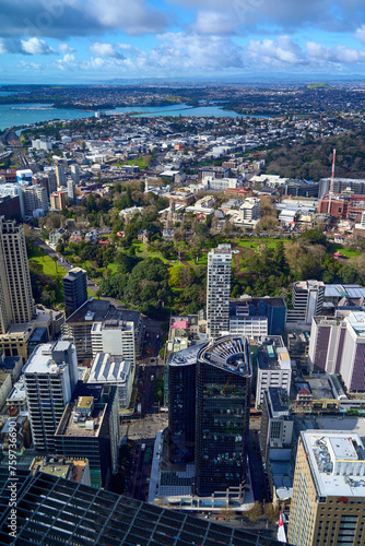 Aerial scenic cityscape view of down town Auckland towards the harbor  New Zealand