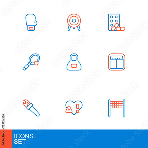 Set line Volleyball net, Heart rate, Torch flame, Sport mechanical scoreboard, Tennis racket with, Weight, Sports doping dumbbell and Target sport icon. Vector
