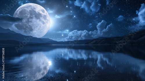 Wallpaper Mural A serene night landscape with a bright full moon reflecting on a calm lake surrounded by mountains under a starry sky Torontodigital.ca