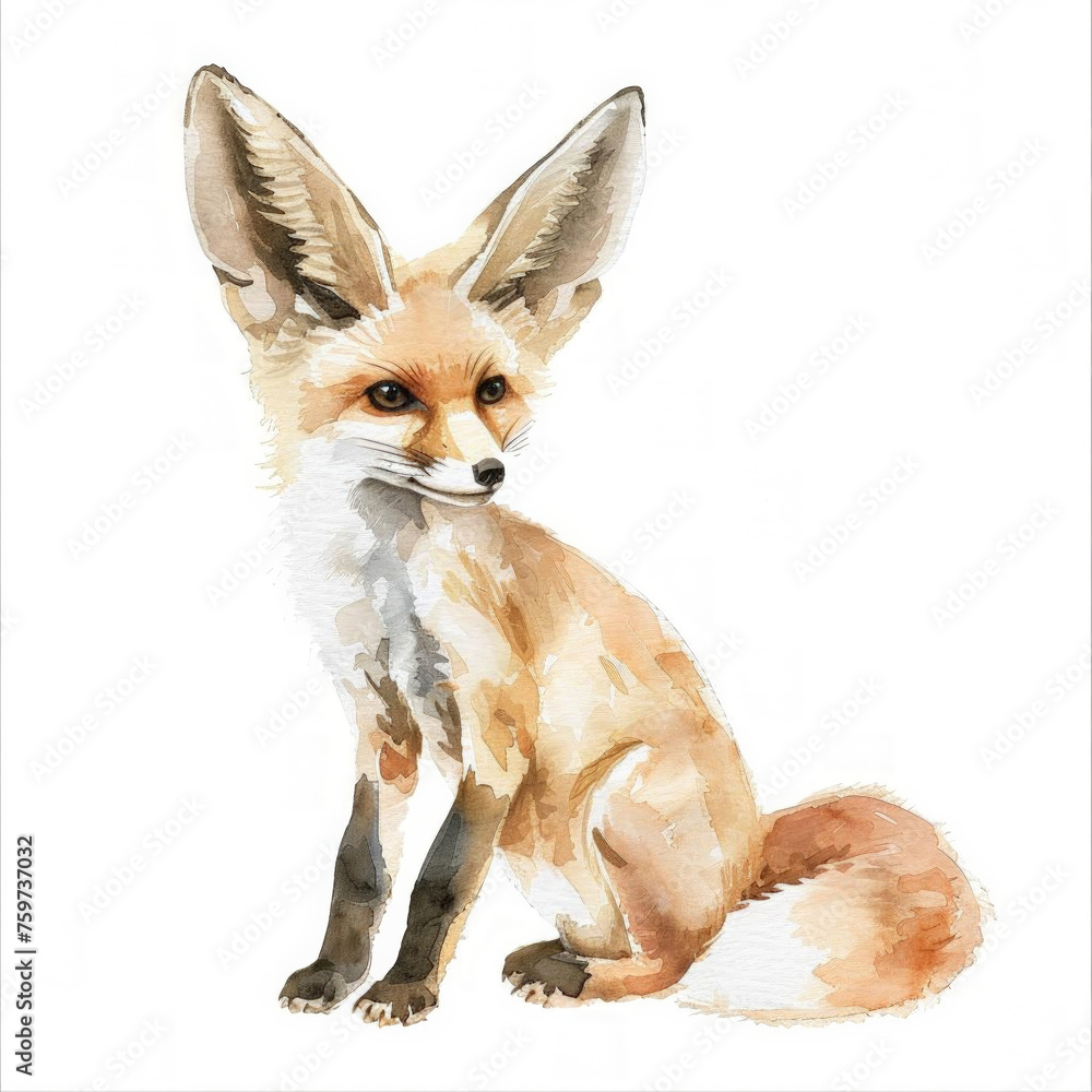 Fototapeta premium Watercolor illustration of a eared red fox sitting, isolated on a white background with ample space for text, ideal for wildlife-themed designs and educational materials