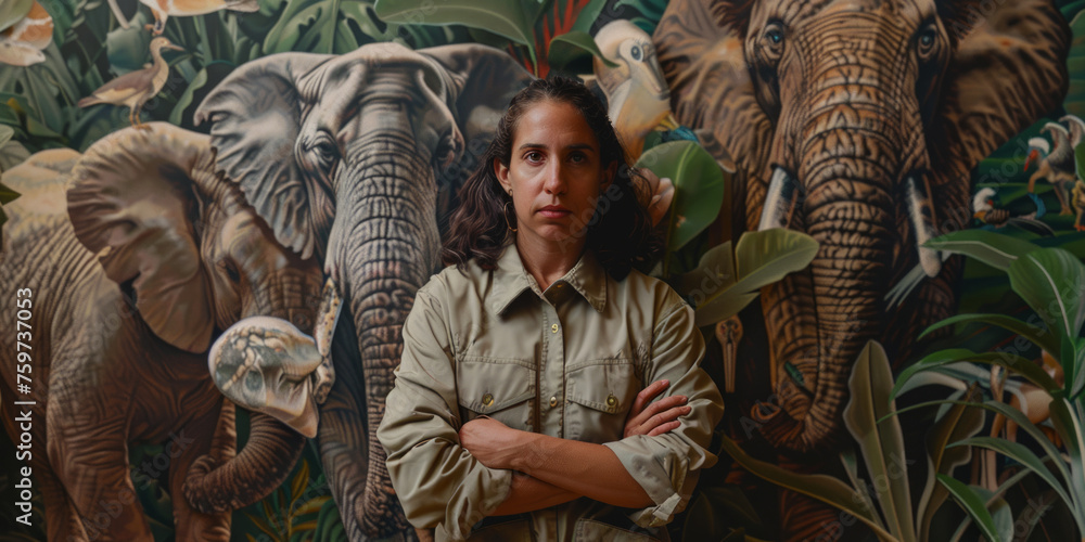 Focused woman standing confidently in front of a vibrant elephant mural in botanical setting