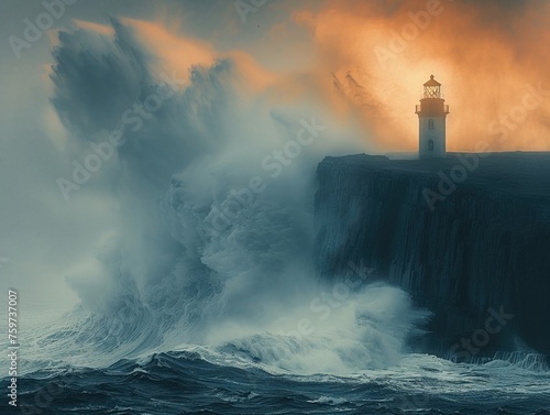 Lonely lighthouse, stoic and strong, standing sentinel against crashing waves on a desolate cliff at dusk Photography, silhouette lighting, HDR © kaiwit