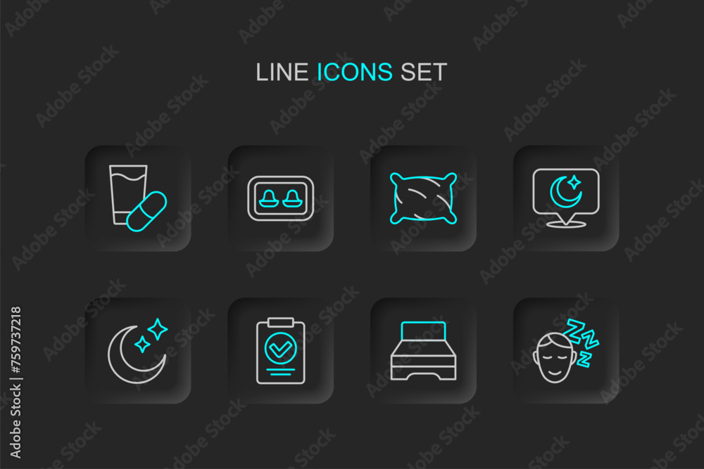 Set line Dreams, Big bed, Medical prescription, Moon and stars, Pillow, Earplugs with storage box and Sleeping pill icon. Vector