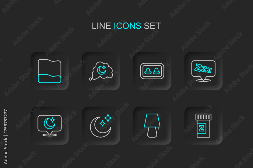 Set line Sleeping pill, Table lamp, Moon and stars, Sleepy, Earplugs with storage box, Dreams and Pillow icon. Vector Set line Sleeping pill, Table lamp, Moon and stars, Sleepy, Earplugs with storage box, Dreams and Pillow icon. Vector