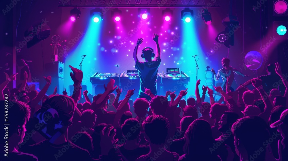 Vibrant illustration of a DJ rocking the turntables with a lively crowd dancing to the beats