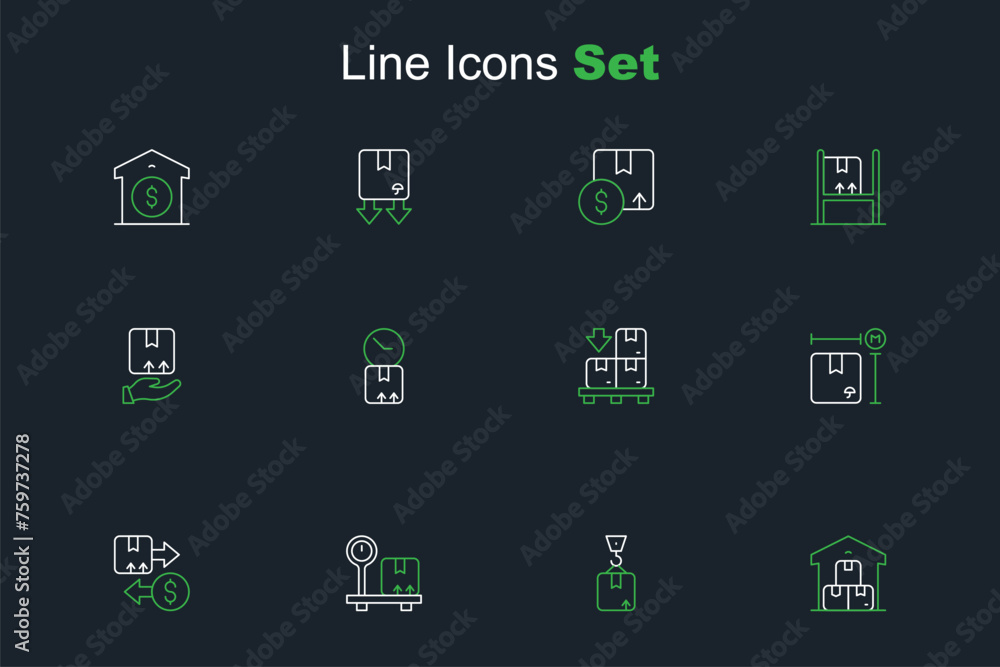 Set line Full warehouse, Crane with cardboard box, Scale, Tax, Cardboard measurement, boxes on pallet, clock and Delivery hand icon. Vector Set line Full warehouse, Crane with cardboard box, Scale, Tax, Cardboard measurement, boxes on pallet, clock and Delivery hand icon. Vector