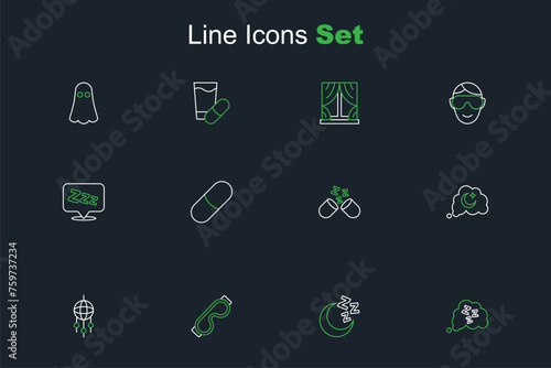 Set line Sleepy, Moon and stars, Eye sleep mask, Dream catcher with feathers, Dreams, Sleeping pill, and icon. Vector